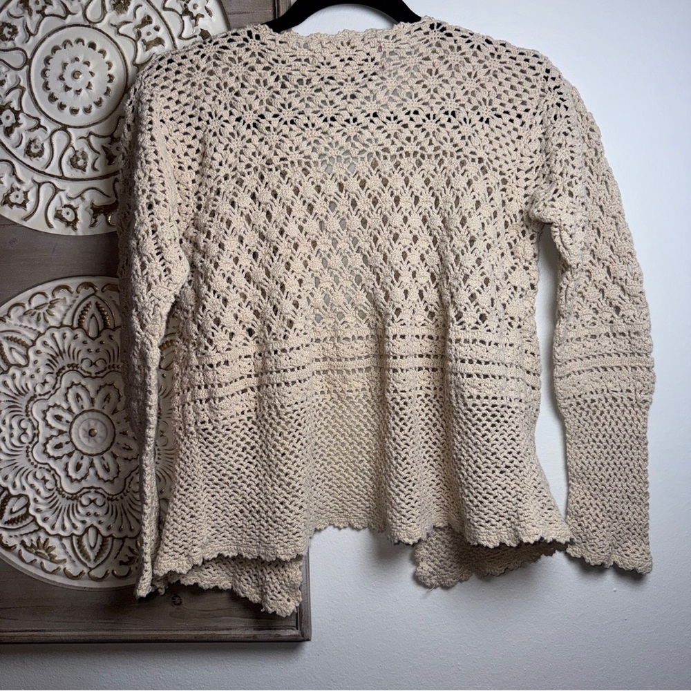 Tiara International Y2K Crochet Cardigan Size Large Cream Boho Open Knit Sweater - Picture 3 of 5